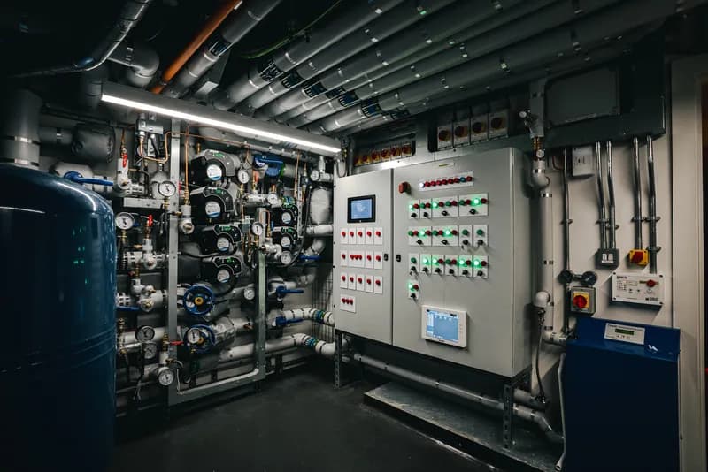 BMS plant room with variable-speed pumps, control panel HMI and pressurisation set